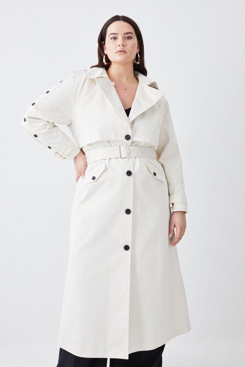 PTO2411039 Plus Size Button Detail Belted Maxi Trench Coat