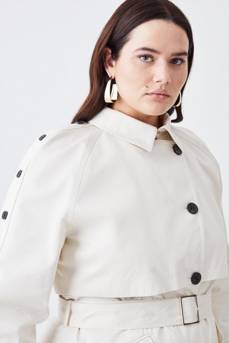 PTO2411039 Plus Size Button Detail Belted Maxi Trench Coat - Image 2