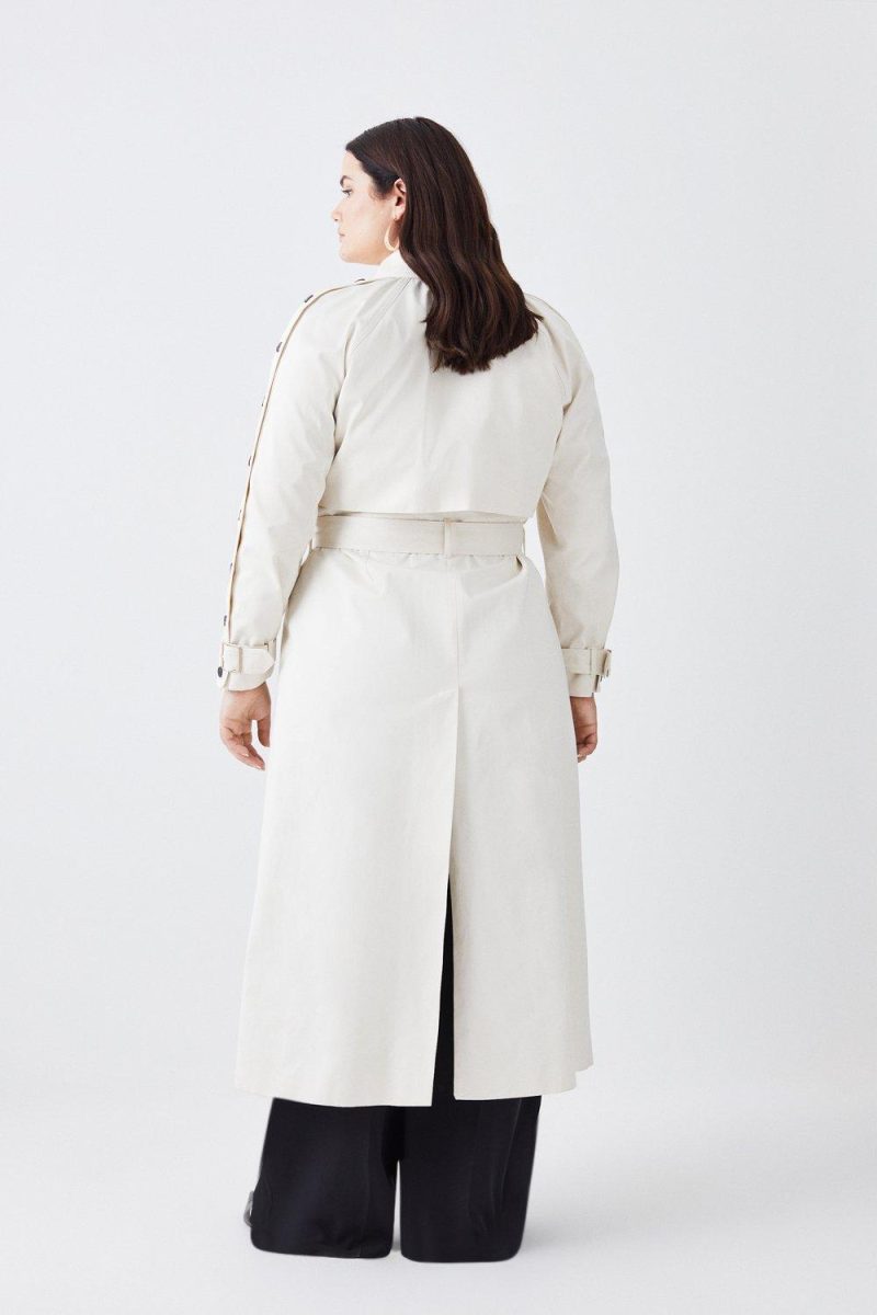 PTO2411039 Plus Size Button Detail Belted Maxi Trench Coat - Image 3