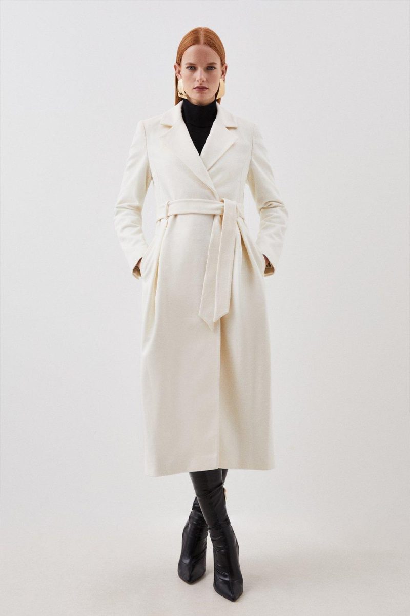 PTO2411033 Wool Wide Belted Pleat Detail Midi Coat