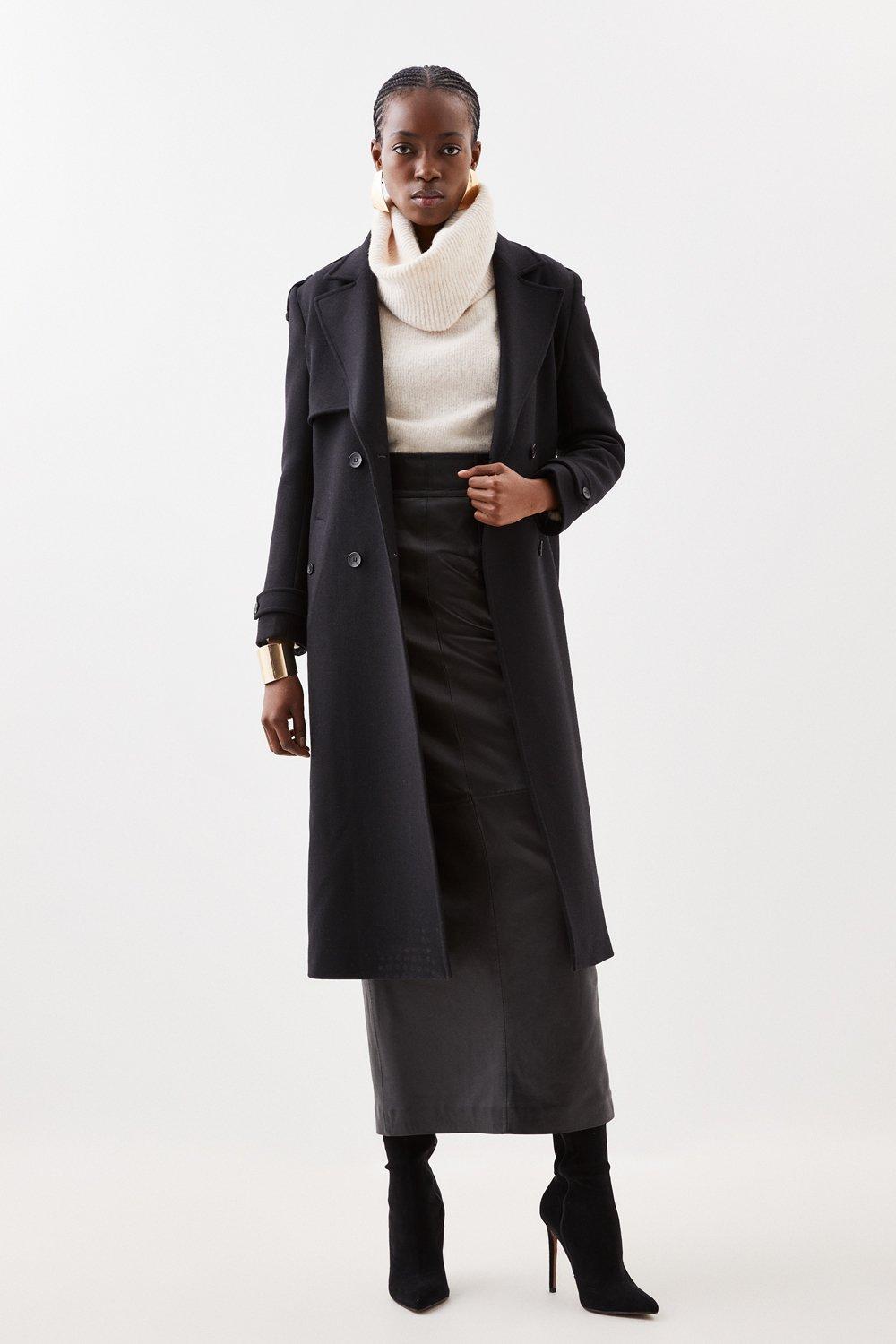 PTO2411035 Wool Blend Self Tie Belted Trench Coat