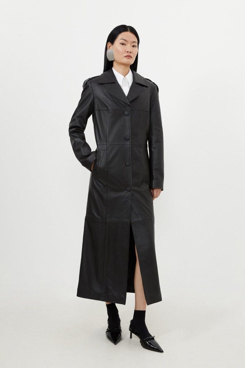 PTO2411026 Leather Tailored Midaxi Trench Coat