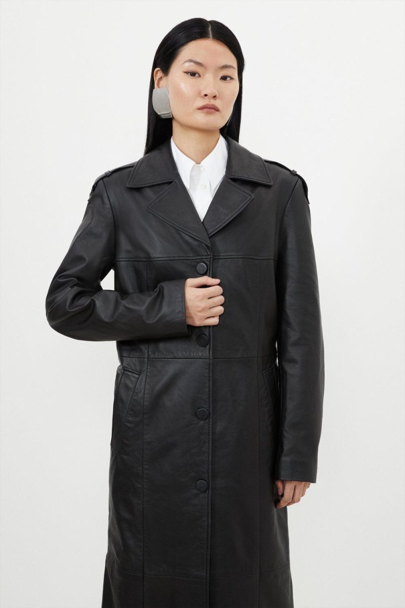 PTO2411026 Leather Tailored Midaxi Trench Coat - Image 2