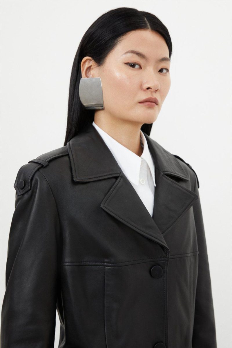 PTO2411026 Leather Tailored Midaxi Trench Coat - Image 3