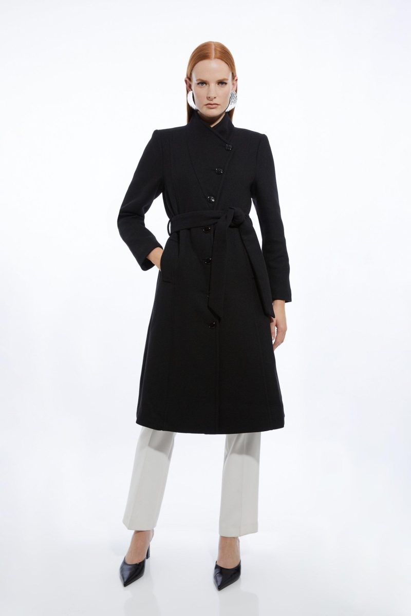 PTO2411030 Petite Wool Blend Asymmetric Button Belted Tailored Midi Coat