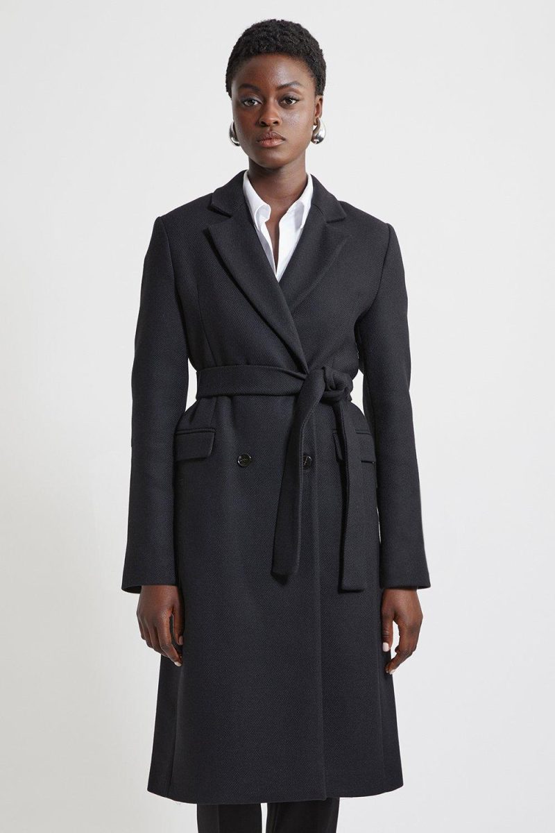 PTO2411028 Petite Wool Blend Tailored Belted Midi Coat